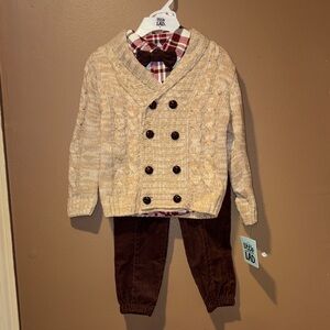 Little Lad Cream Cable Knit Sweater Set with Brown Pants and Plaid Shirt